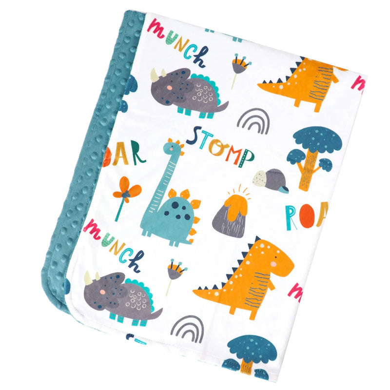 Baby & Toddler Minky Blanket - Dinoland Blue design, soft minky fabric, dino pattern, sensory stimulation, 30x40 inches.