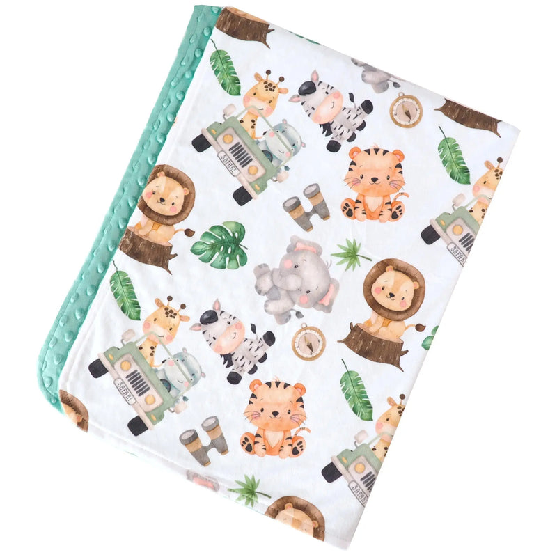 Premium baby and toddler minky blanket with safari pattern, soft and lightweight polyester.
