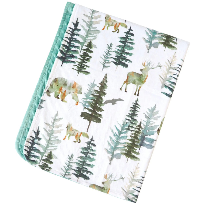 Baby & Toddler Minky Blanket with forest and animal print, 30x40 inches, soft premium fabric.