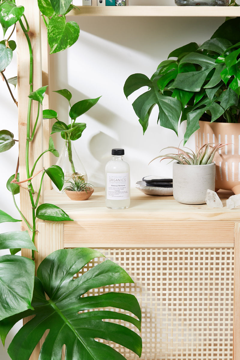 Organic makeup remover in a 4 oz recycled glass bottle surrounded by lush green plants, ideal for sensitive skin.