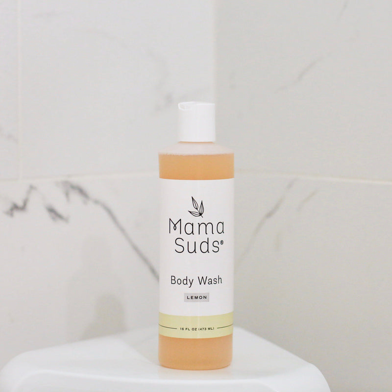 MamaSuds Body Wash Soap with Lemon Essential Oil on white surface.