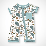 Short-sleeve baby shorty romper with an all-over manatee print in soft bamboo fabric