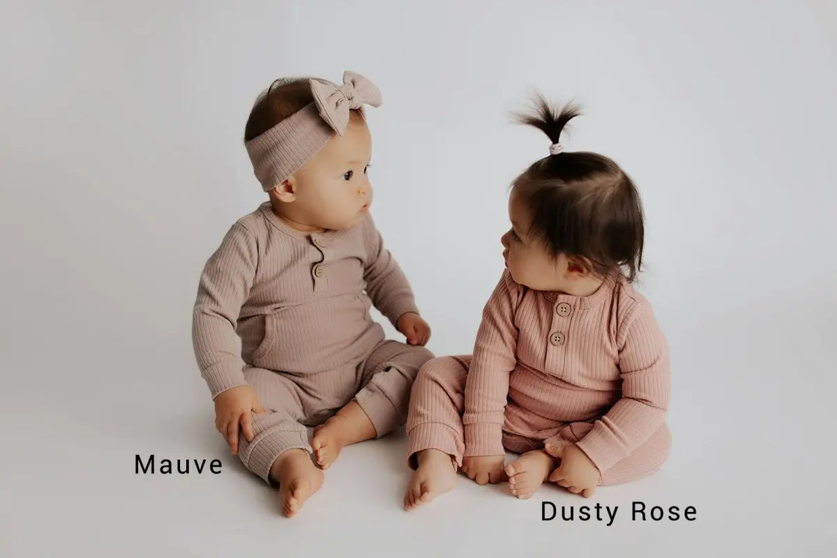 Three Little Tots Mauve Baby Ribbed Playsuit with pockets - 