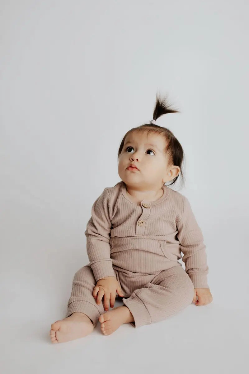 Three Little Tots Mauve Baby Ribbed Playsuit with pockets - 