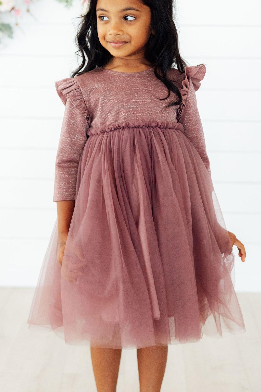 Mauve Shimmer Three Quarter Sleeve Tutu Dress for Girls Mila & Rose ® Everetts Place: Online Boutique