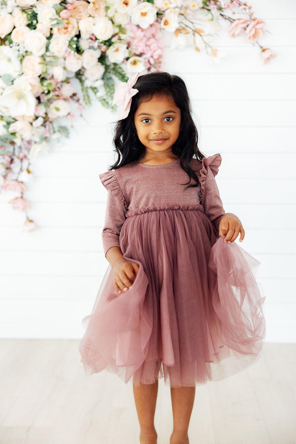 Mauve Shimmer Three Quarter Sleeve Tutu Dress for Girls Mila & Rose ® Everetts Place: Online Boutique
