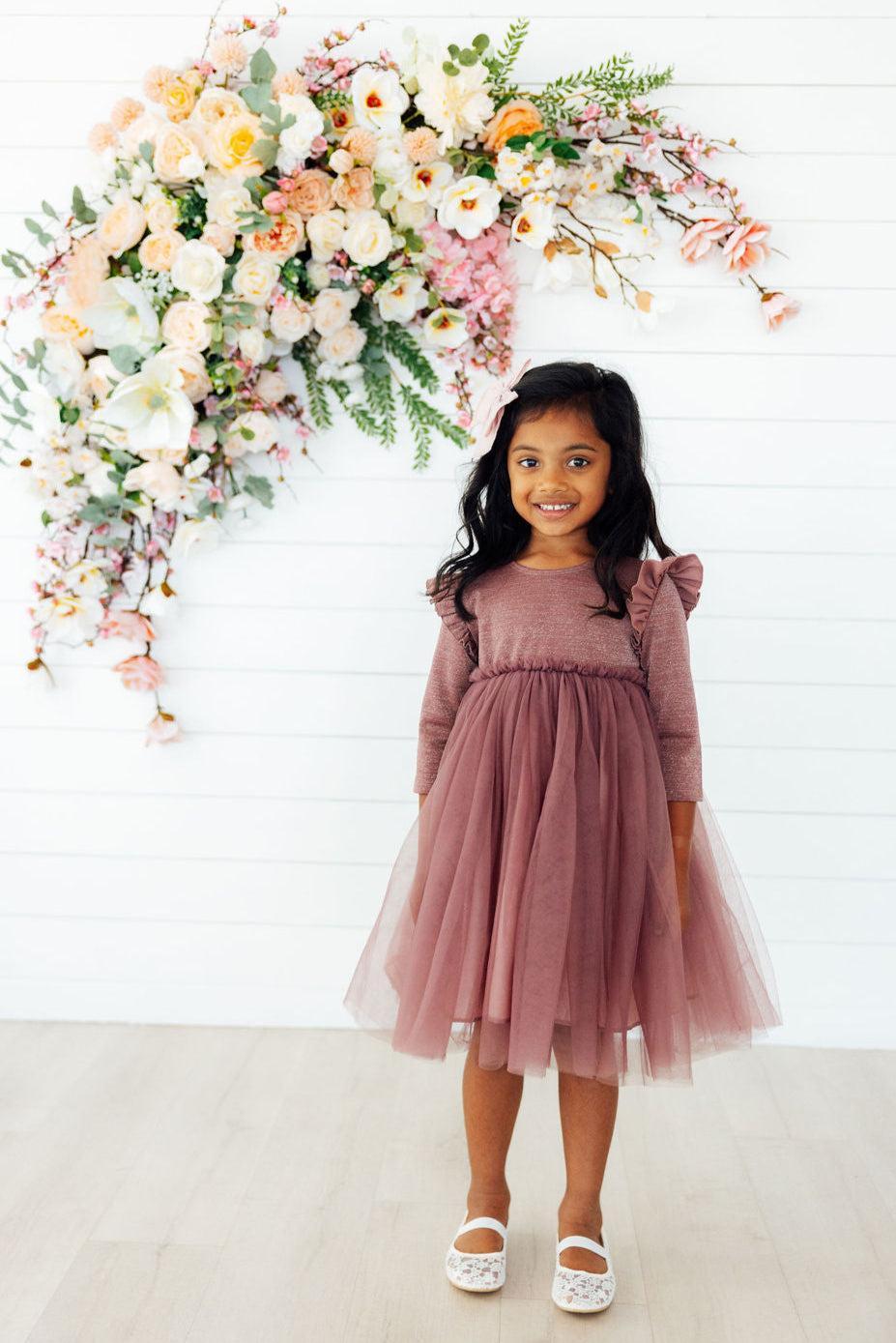 Mauve Shimmer Three Quarter Sleeve Tutu Dress for Girls Mila & Rose ® Everetts Place: Online Boutique