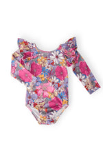 Mauve long-sleeve flutter leotard with a subtle buttercup print for young girls