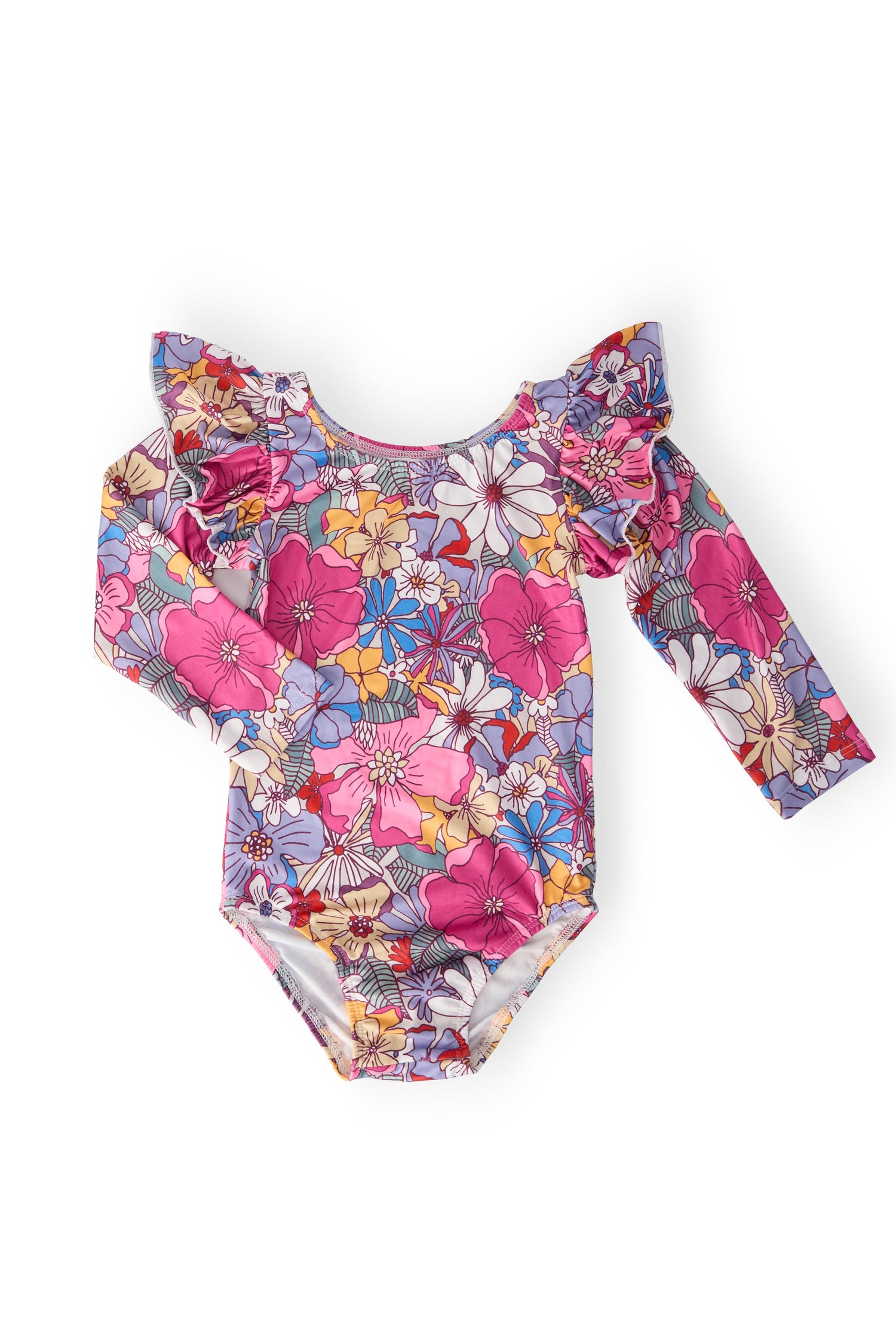 Long-sleeve flutter leotard in mauve with the What's Up Buttercup print.