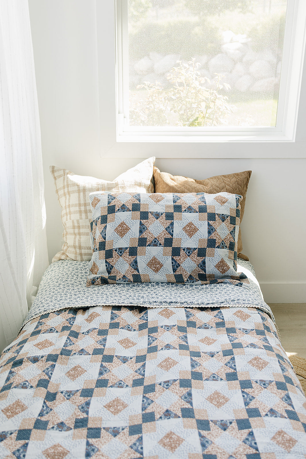 Patchwork Print + Blue Blossom Lace Twin Muslin Quilt by Mebie Baby at Everetts Place