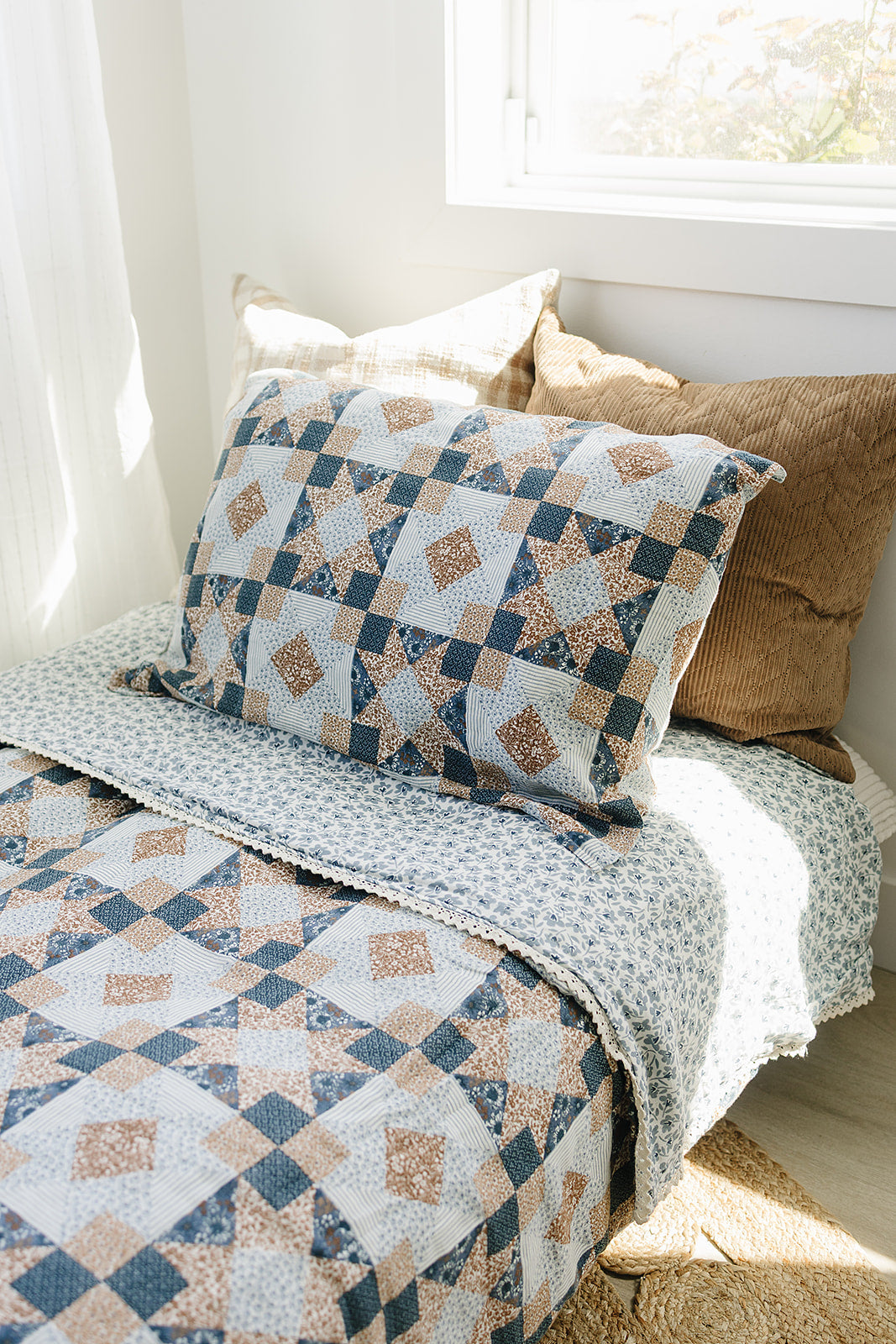 Patchwork Print + Blue Blossom Lace Twin Muslin Quilt by Mebie Baby at Everetts Place