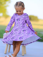 Girls long sleeve twirl dress in lavender floral print