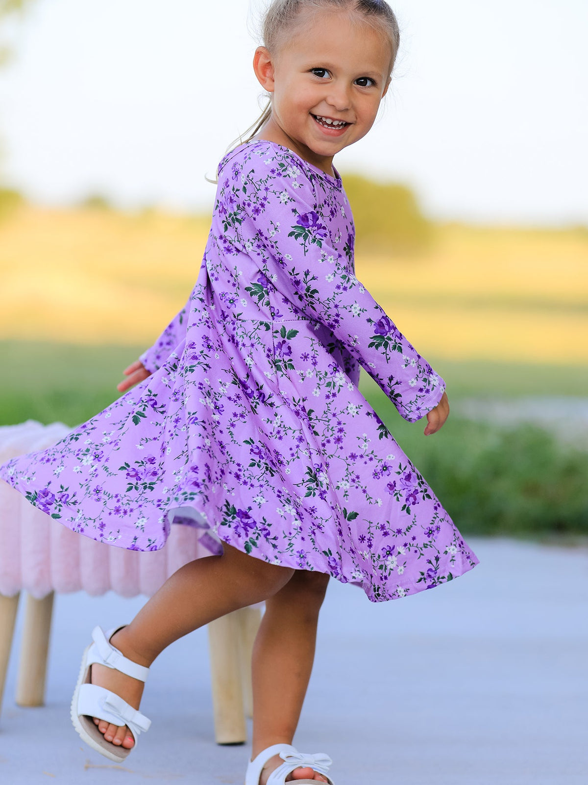 Girls Long Sleeve Twirl Dress - Fall Lavender Floral Print by Rylee Faith Designs