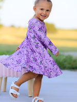 Girls Long Sleeve Twirl Dress - Fall Lavender Floral Print by Rylee Faith Designs