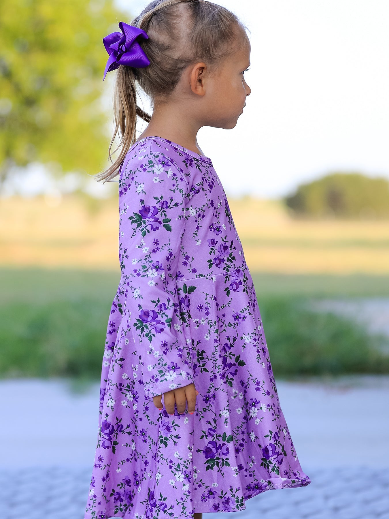 Girls Long Sleeve Twirl Dress - Fall Lavender Floral Print by Rylee Faith Designs