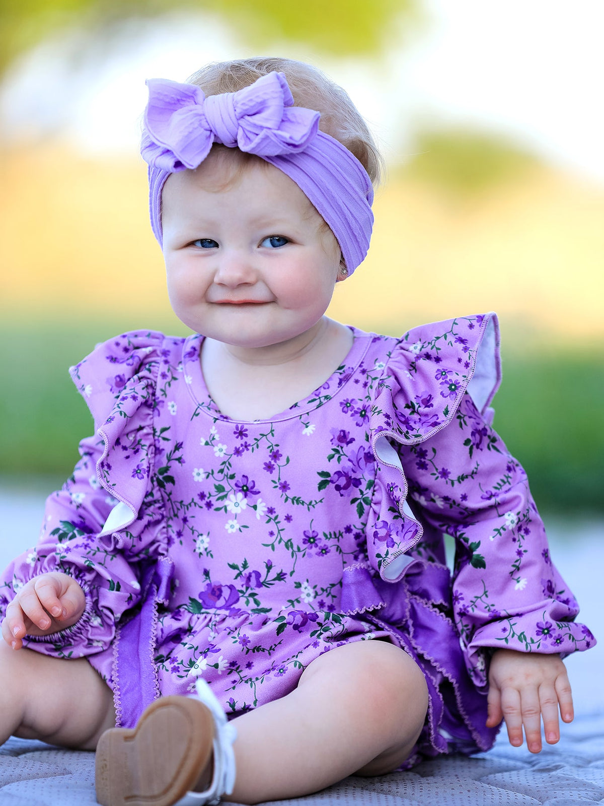 Polyester Spandex Floral Ruffle Long Sleeve Romper by Rylee Faith Designs