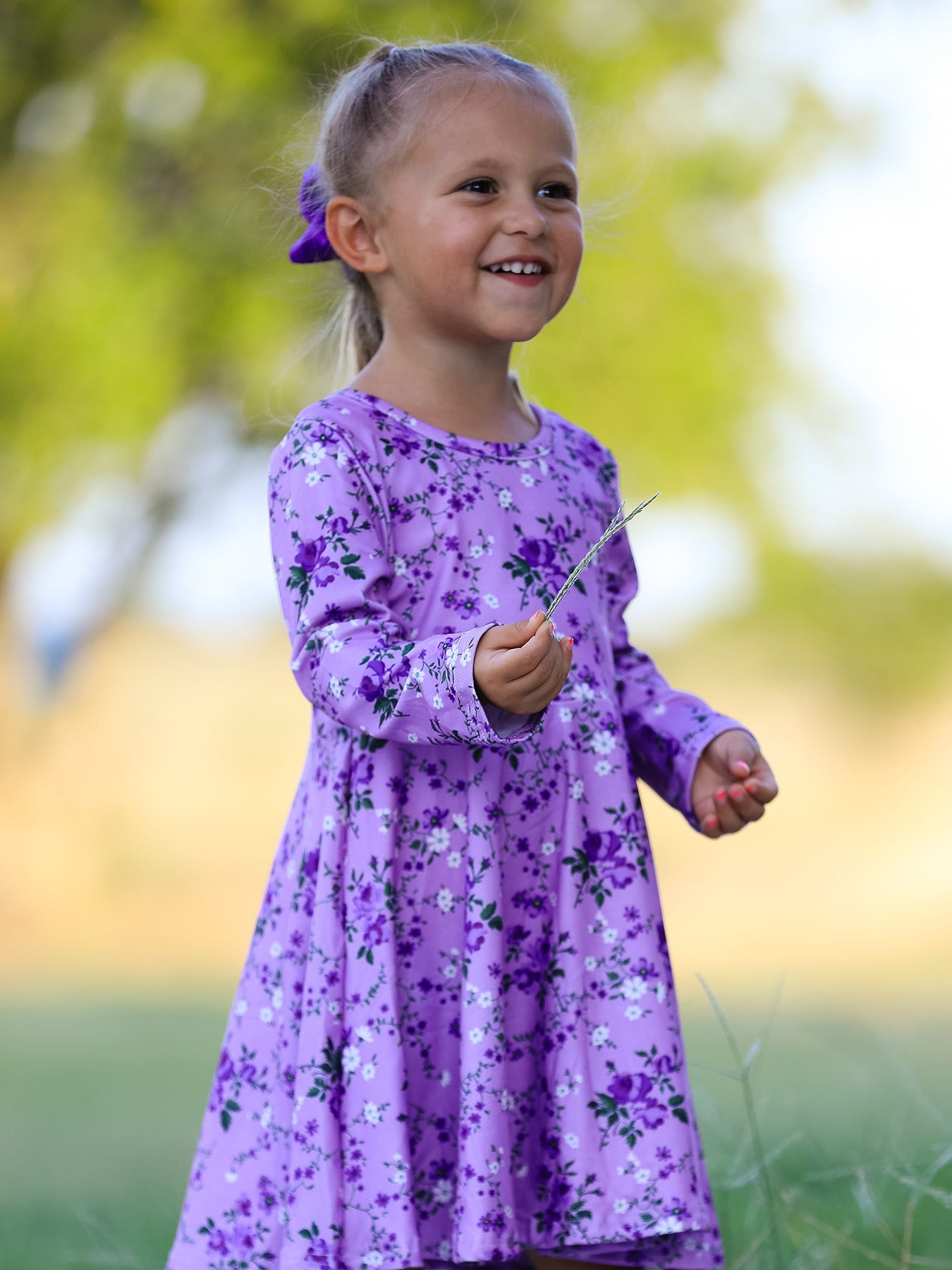Girls Long Sleeve Twirl Dress - Fall Lavender Floral Print by Rylee Faith Designs
