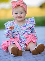 Polyester Spandex Romper, Unicorn Floral Print, Girls, Long Sleeve by Rylee Faith Designs