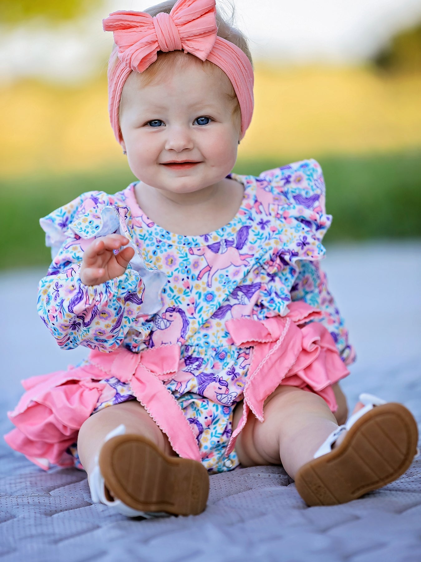 Polyester Spandex Romper, Unicorn Floral Print, Girls, Long Sleeve by Rylee Faith Designs