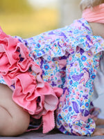 Polyester Spandex Romper, Unicorn Floral Print, Girls, Long Sleeve by Rylee Faith Designs
