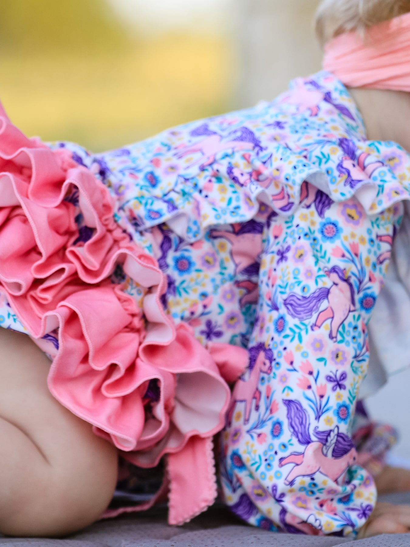 Polyester Spandex Romper, Unicorn Floral Print, Girls, Long Sleeve by Rylee Faith Designs