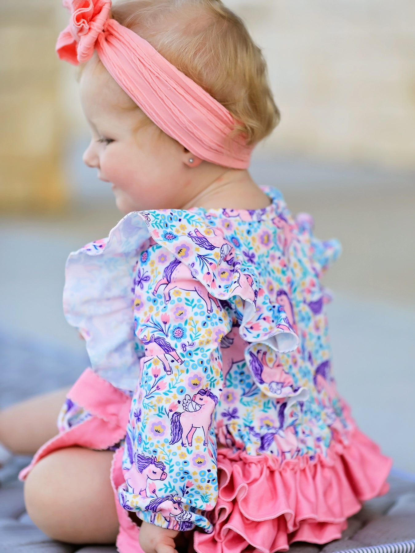 Polyester Spandex Romper, Unicorn Floral Print, Girls, Long Sleeve by Rylee Faith Designs