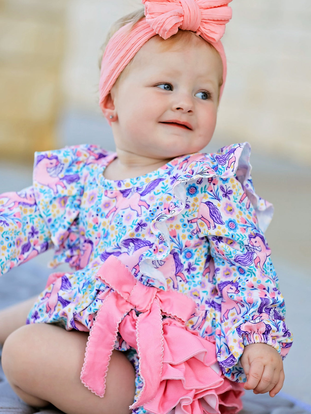 Polyester Spandex Romper, Unicorn Floral Print, Girls, Long Sleeve by Rylee Faith Designs
