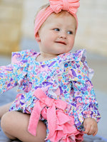 Polyester Spandex Romper, Unicorn Floral Print, Girls, Long Sleeve by Rylee Faith Designs
