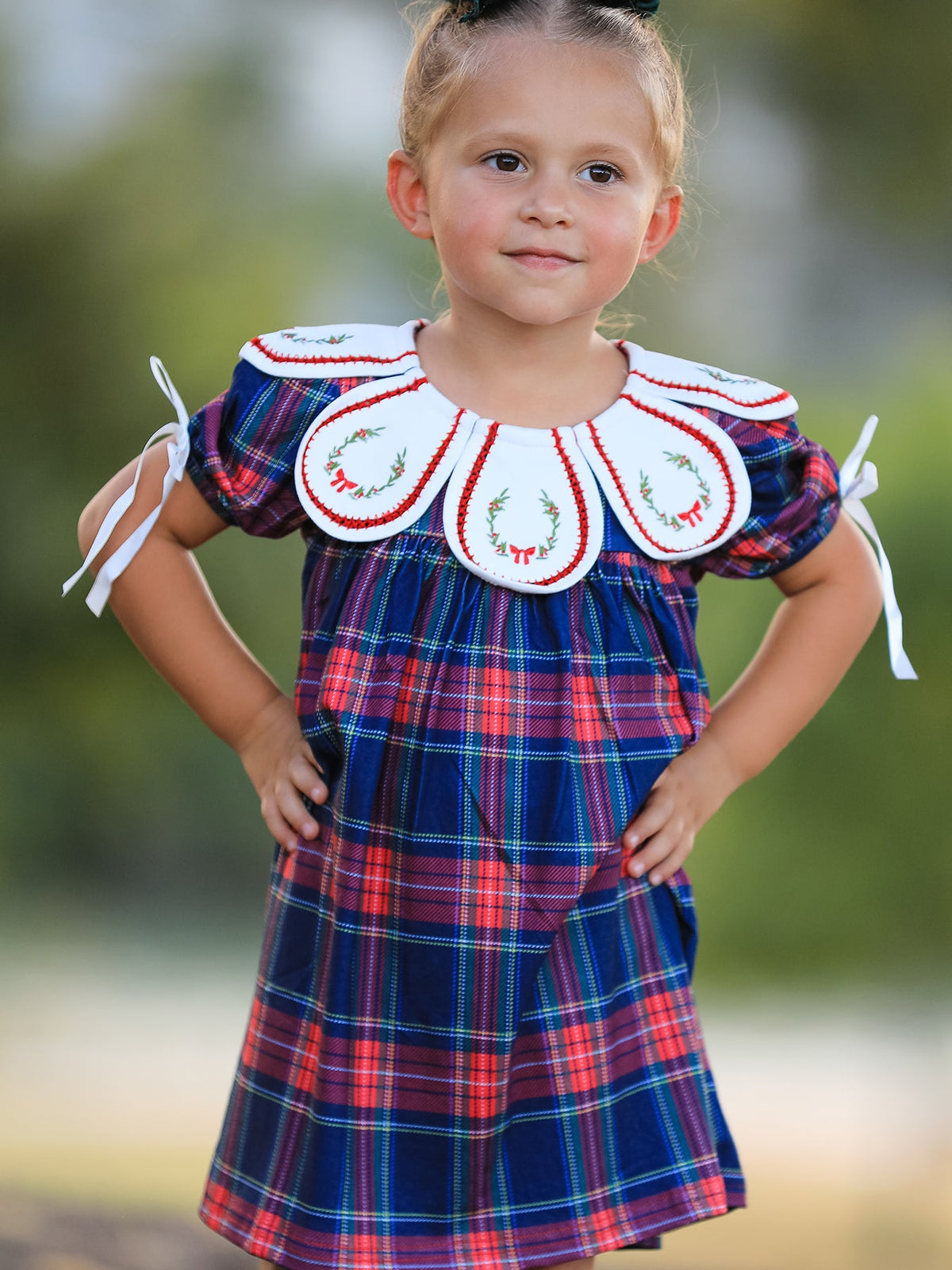 Navy Red Christmas Plaid Wreath Embroidered Girl Dress by Rylee Faith Designs