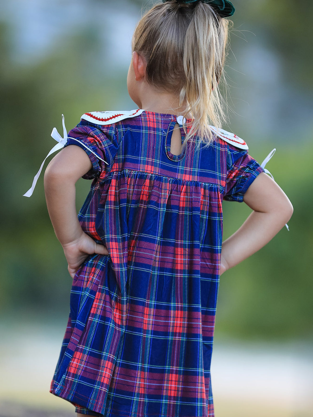 Navy Red Christmas Plaid Wreath Embroidered Girl Dress by Rylee Faith Designs