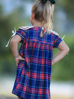 Navy Red Christmas Plaid Wreath Embroidered Girl Dress by Rylee Faith Designs