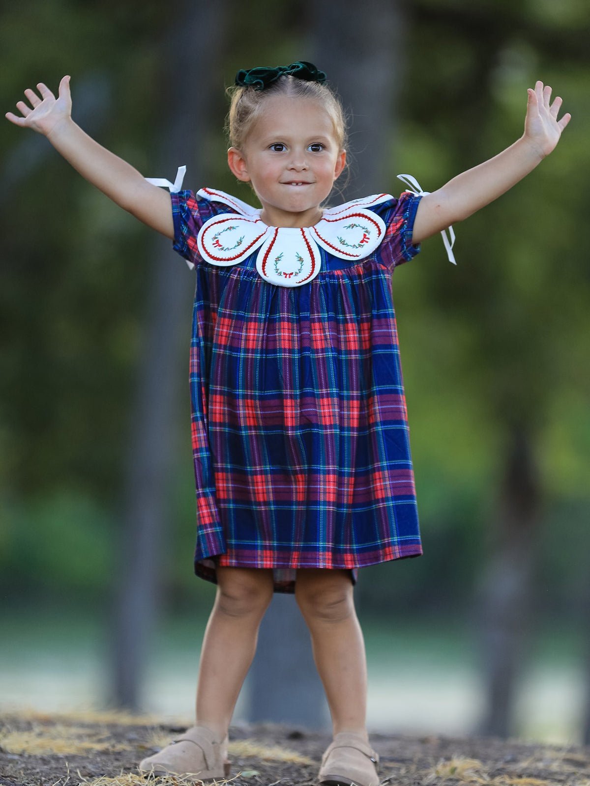 Navy Red Christmas Plaid Wreath Embroidered Girl Dress by Rylee Faith Designs