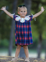 Navy Red Christmas Plaid Wreath Embroidered Girl Dress by Rylee Faith Designs