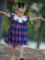 Navy Red Christmas Plaid Wreath Embroidered Girl Dress by Rylee Faith Designs