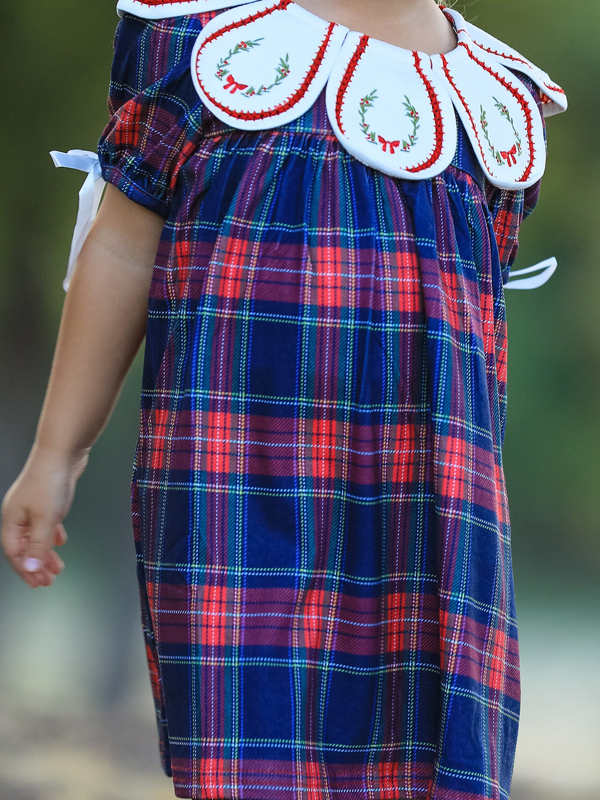 Navy Red Christmas Plaid Wreath Embroidered Girl Dress by Rylee Faith Designs