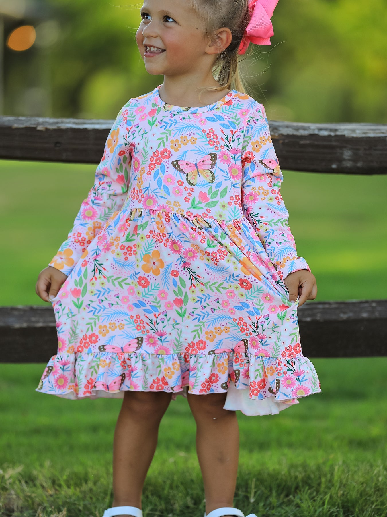 Fall Butterfly Floral Print Girls Ruffle Hem Twirl Dress