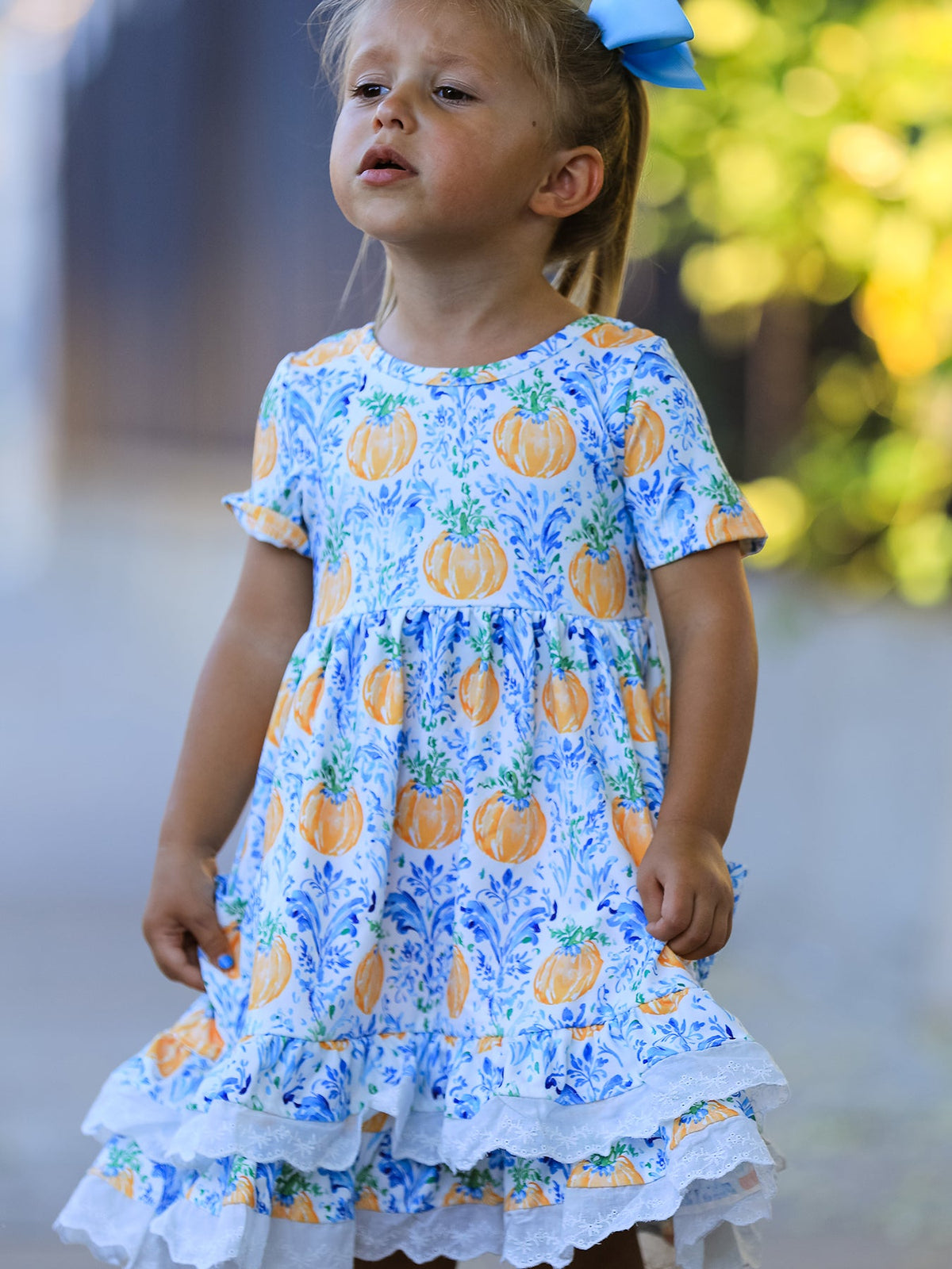 Girls Fall Pumpkin Patch Dress with Lace Trim and Pockets by Rylee Faith Designs