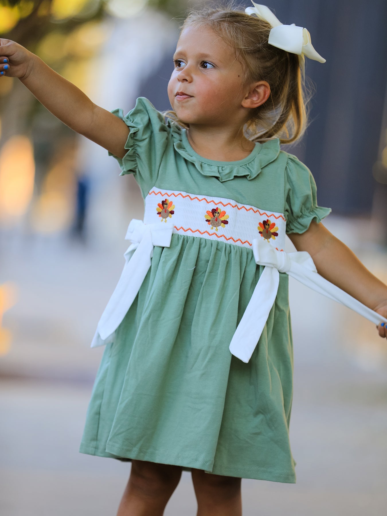 Green Smock Embroidered Chicken Dress by Rylee Faith Designs