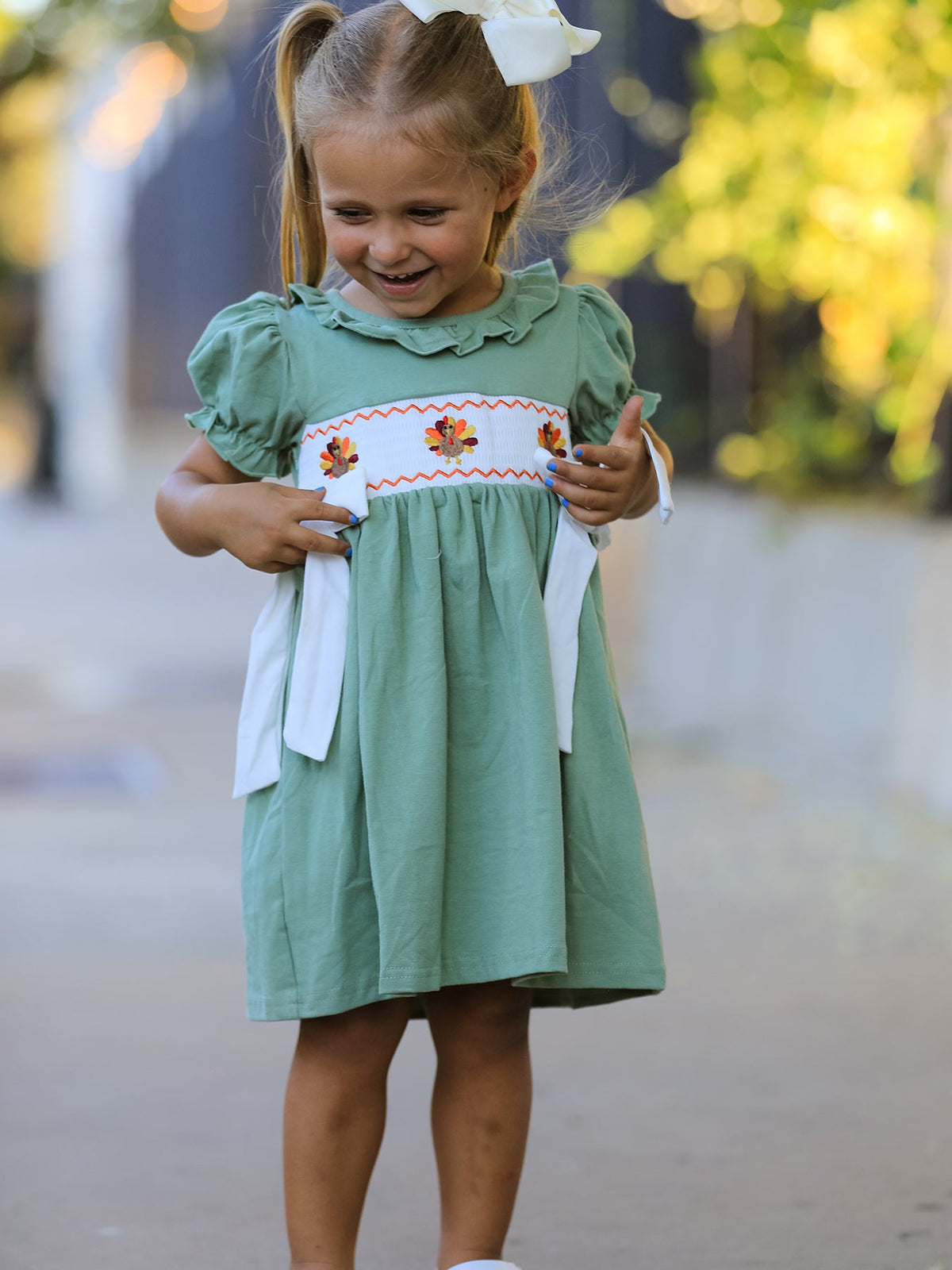 Green Smock Embroidered Chicken Dress by Rylee Faith Designs