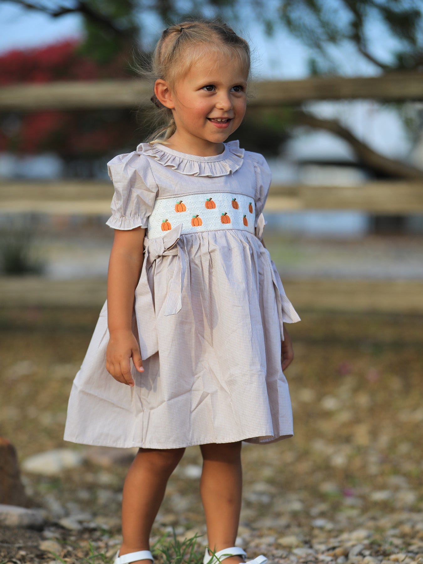 Girls plaid dress with pumpkin embroidery and a smocked bodice for fall celebrations.