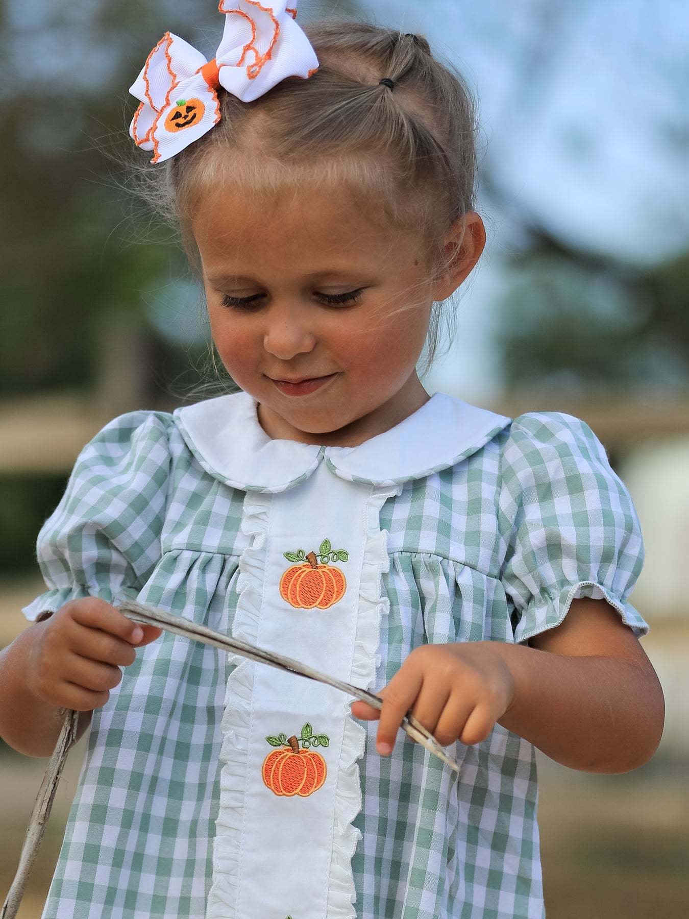 Cotton Pumpkin Applique Plaid Girls Dress
