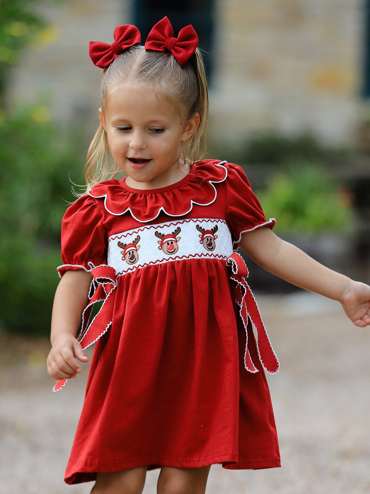 Girls Christmas Reindeer Smocked Red Bow Dress by Rylee Faith Designs