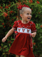 Girls Christmas Reindeer Smocked Red Bow Dress by Rylee Faith Designs