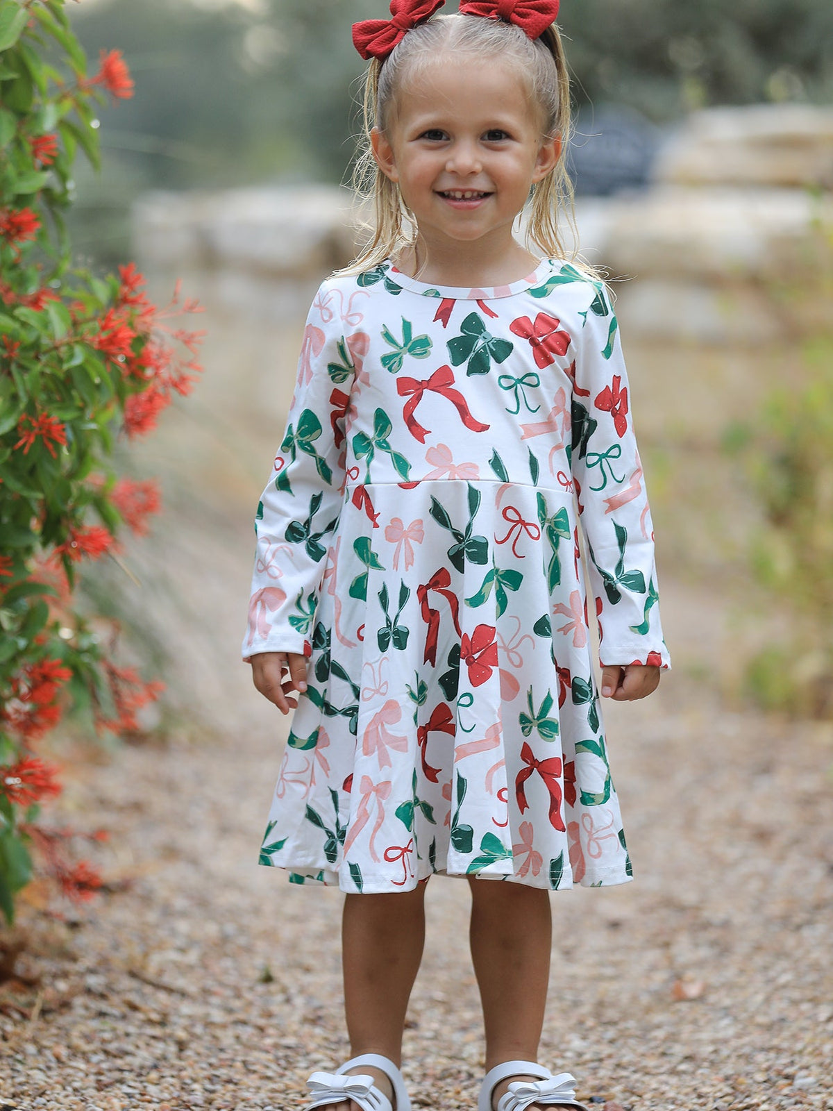 Girls Christmas Bow Print Dress by Rylee Faith Designs