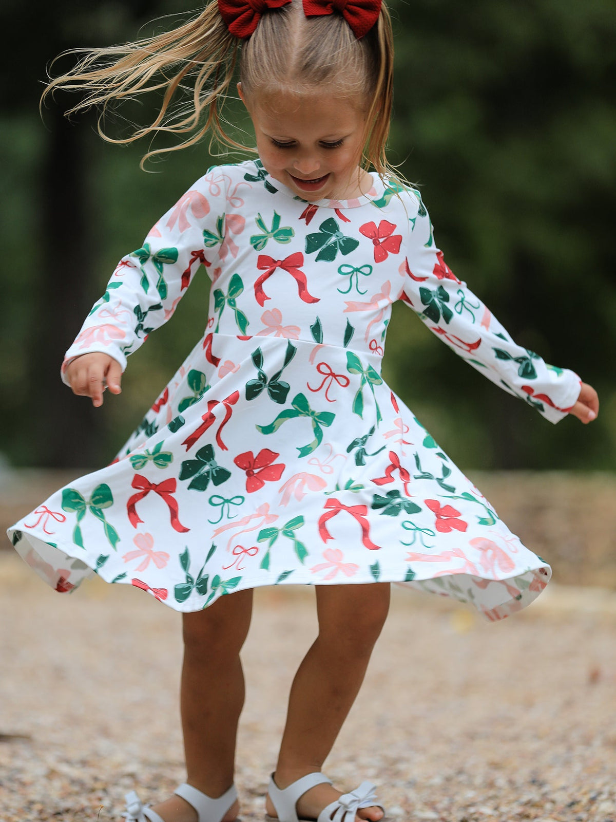Girls Christmas Bow Print Dress by Rylee Faith Designs