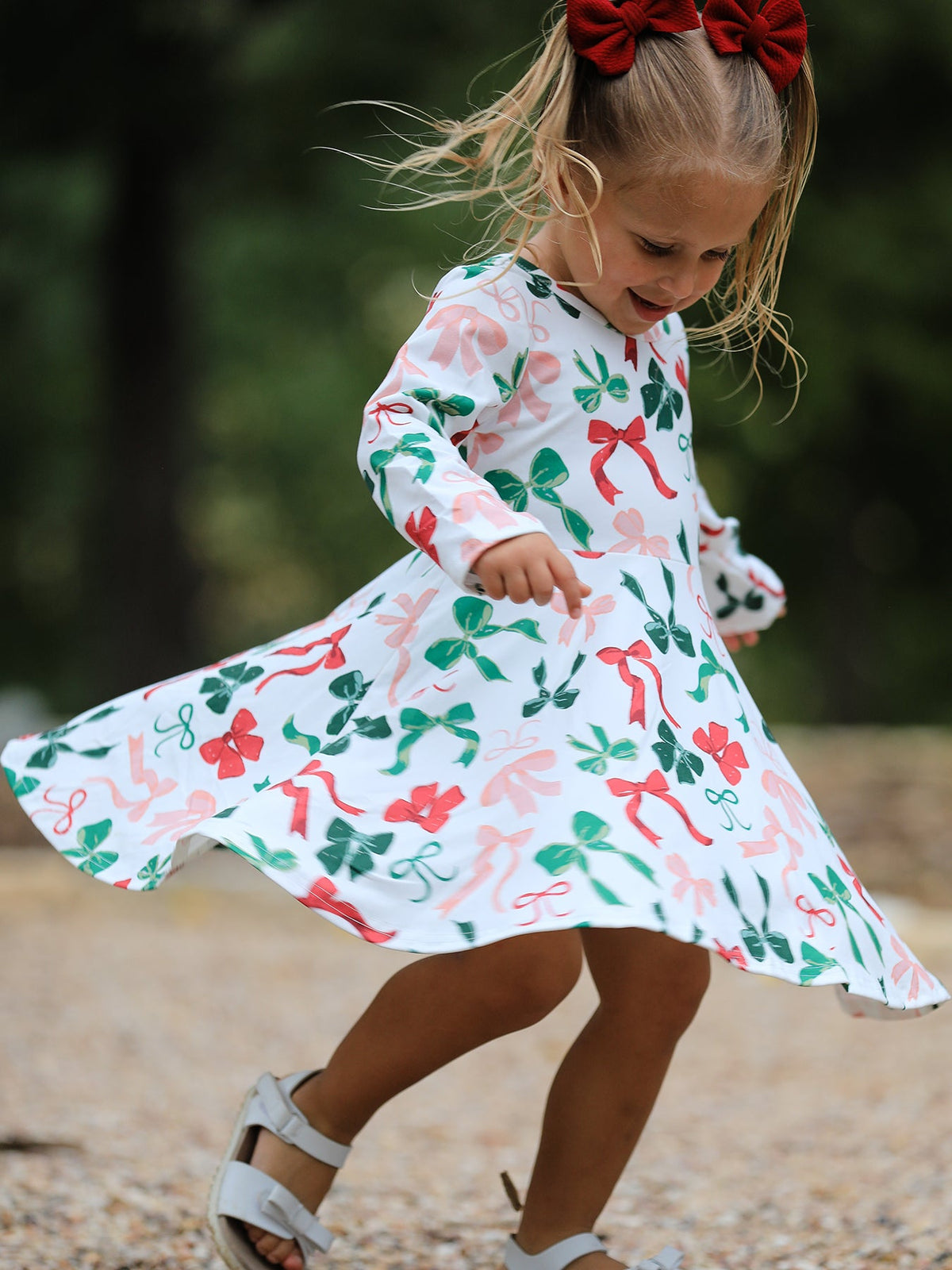 Girls Christmas Bow Print Dress by Rylee Faith Designs