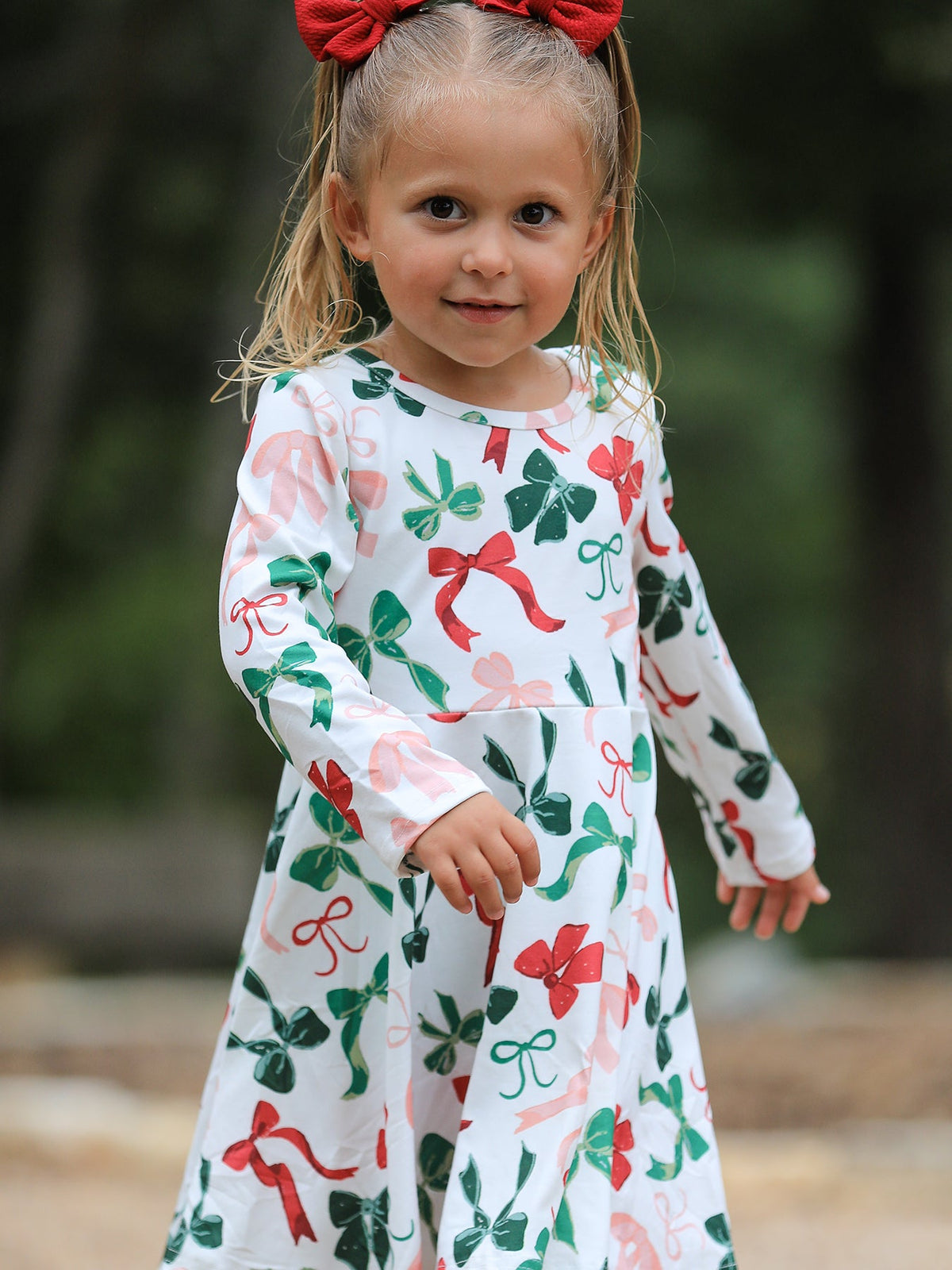 Girls Christmas Bow Print Dress by Rylee Faith Designs