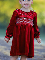 Christmas Velvet Smocked Girls Dress with Pearl Detail by Rylee Faith Designs