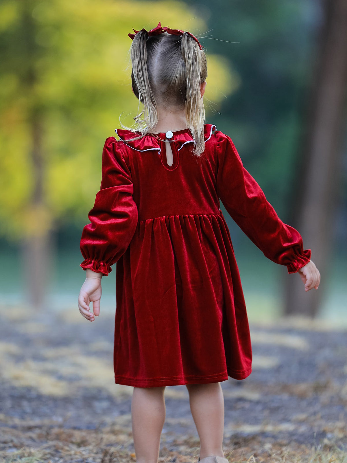 Christmas Velvet Smocked Girls Dress with Pearl Detail by Rylee Faith Designs