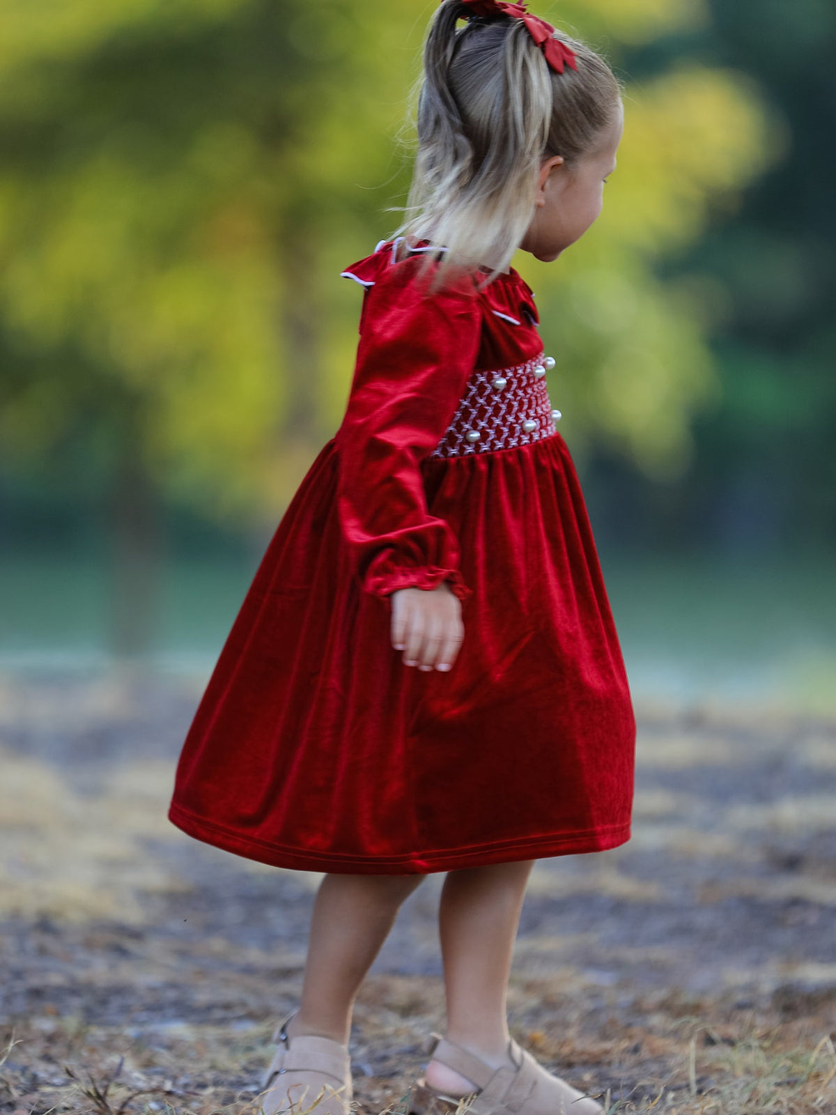 Christmas Velvet Smocked Girls Dress with Pearl Detail by Rylee Faith Designs